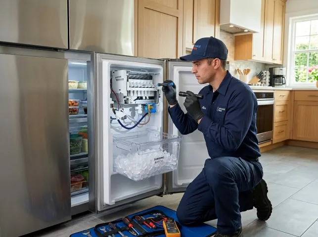 Appliance Repair Hero technician repairing a refrigerator ice maker in Aurora, OH